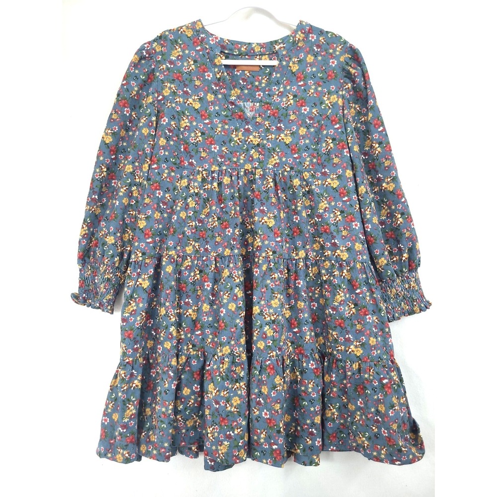 Umgee Womens Cordouroy Babydoll Dress XL Blue Floral V-Neck Long Sleeve